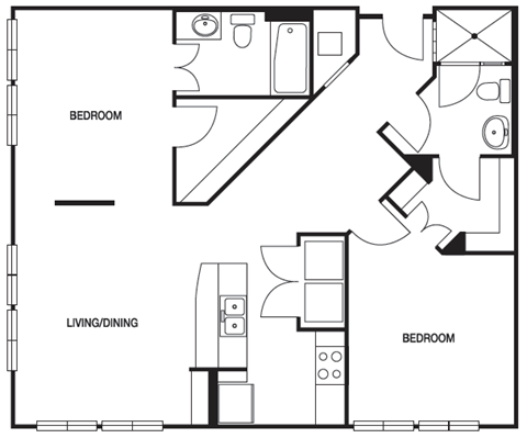 Floor plan for 1 bed, 1 bath, 1021 sqft